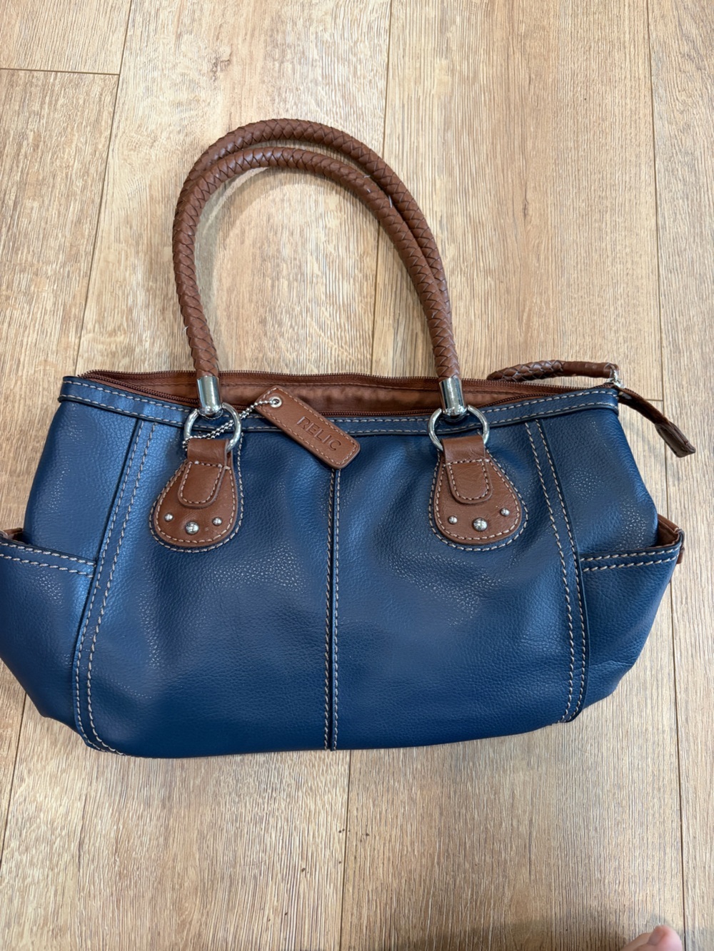 Relic by Fossil Blue Faux Leather Tote Shoulder Bag Braided Handles - Picture 2 of 12
